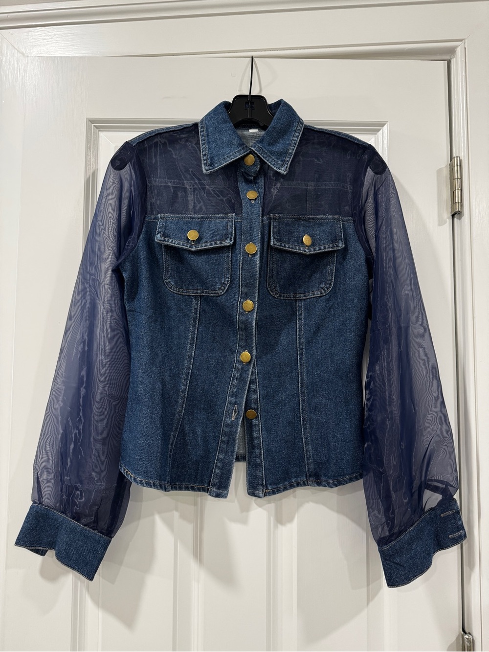 Denim Jacket with Sheer Navy Sleeves - Women's Blue Denim Jacket